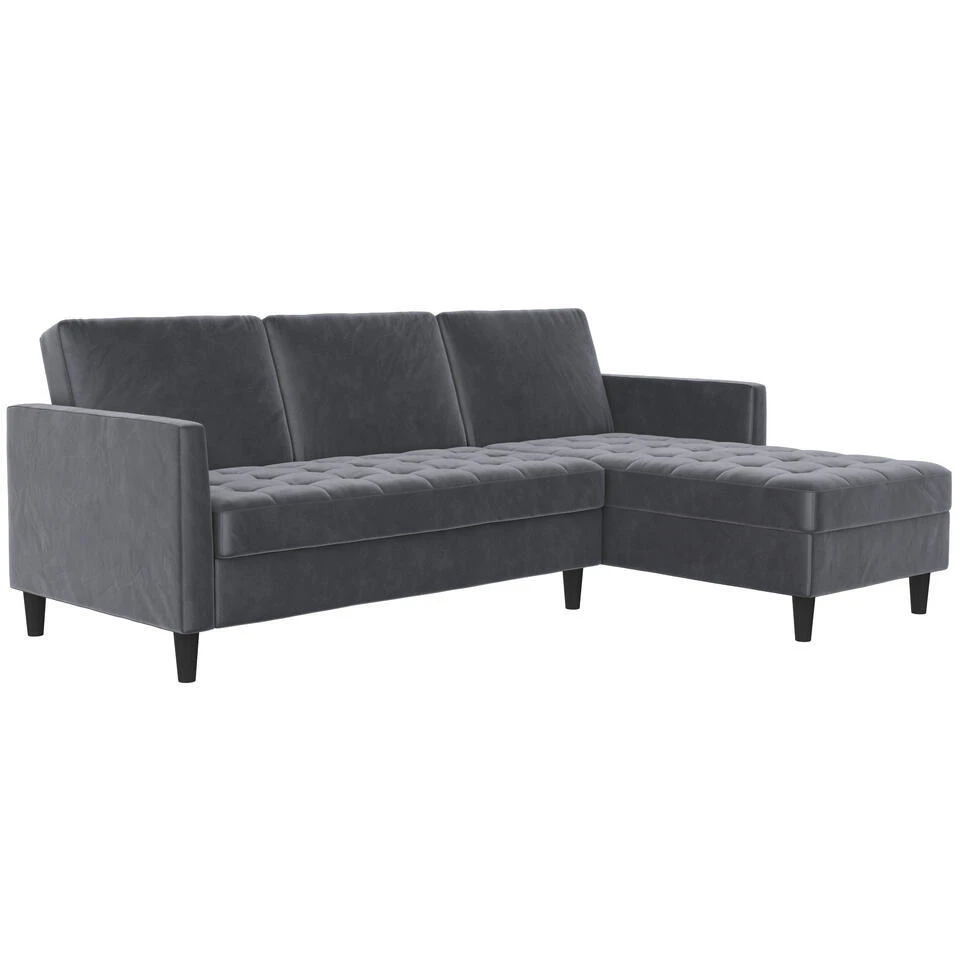 Presley - 3-zits Hoekslaapbank Met Opbergruimte In Antraciet Fluweel