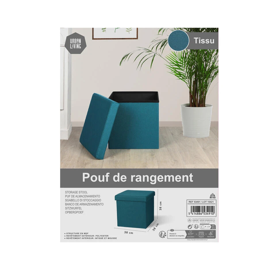 Merkloos Urban Living Poef/hocker/opbergbox - Zeeblauw - Mdf/stof - 38 X 38 Cm - Afbeelding 4