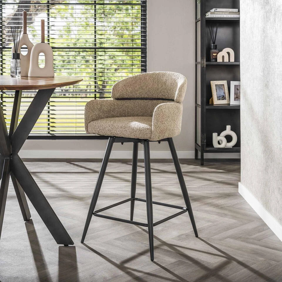 Barstoel Draaibaar - Zand Bouclé- 50x54x95cm - Ronde Rug - Set Van 2 - Afbeelding 2