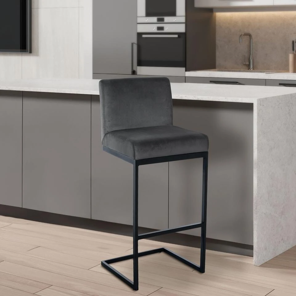 CLP Barkruk Hopewell Zwart Frame - Fluweel - Donkergrijs - Afbeelding 3