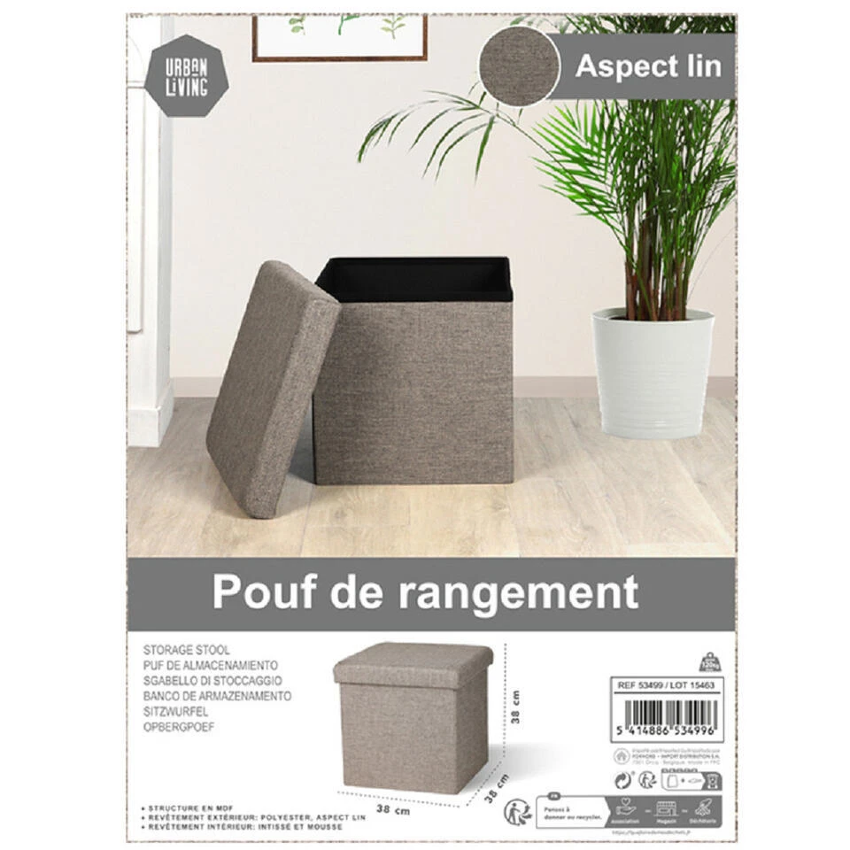 Merkloos Urban Living Poef/hocker/opbergbox - Beige - Mdf - 38 X 38 Cm - Afbeelding 4