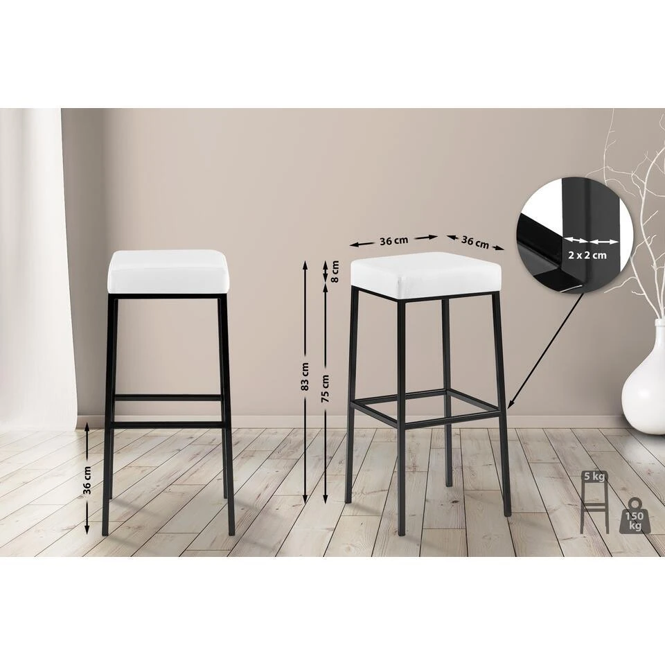 CLP Set Van 2 Barkruk Montreal 85 Zwart Frame - Kunstleer - Wit - Afbeelding 2