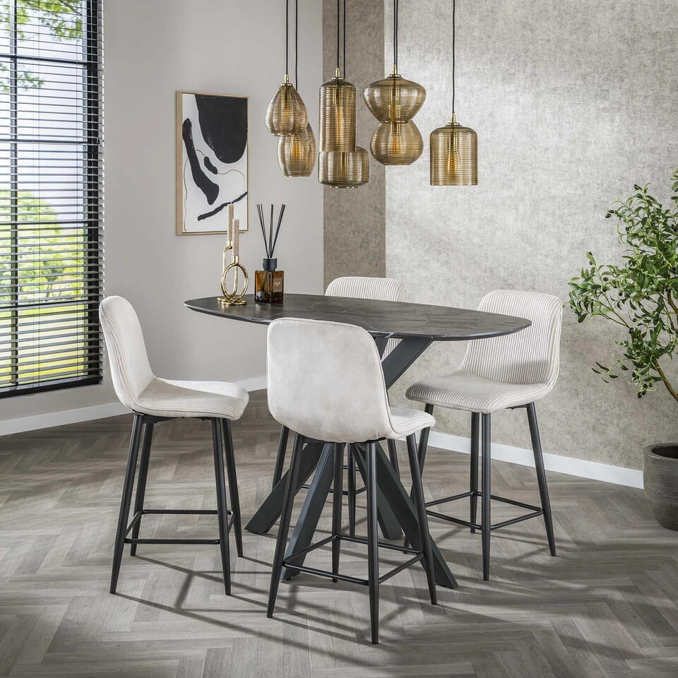 Barstoel - Crème Ribstof - Zithoogte 67cm - Rib Rock - Set Van 2 - Afbeelding 3