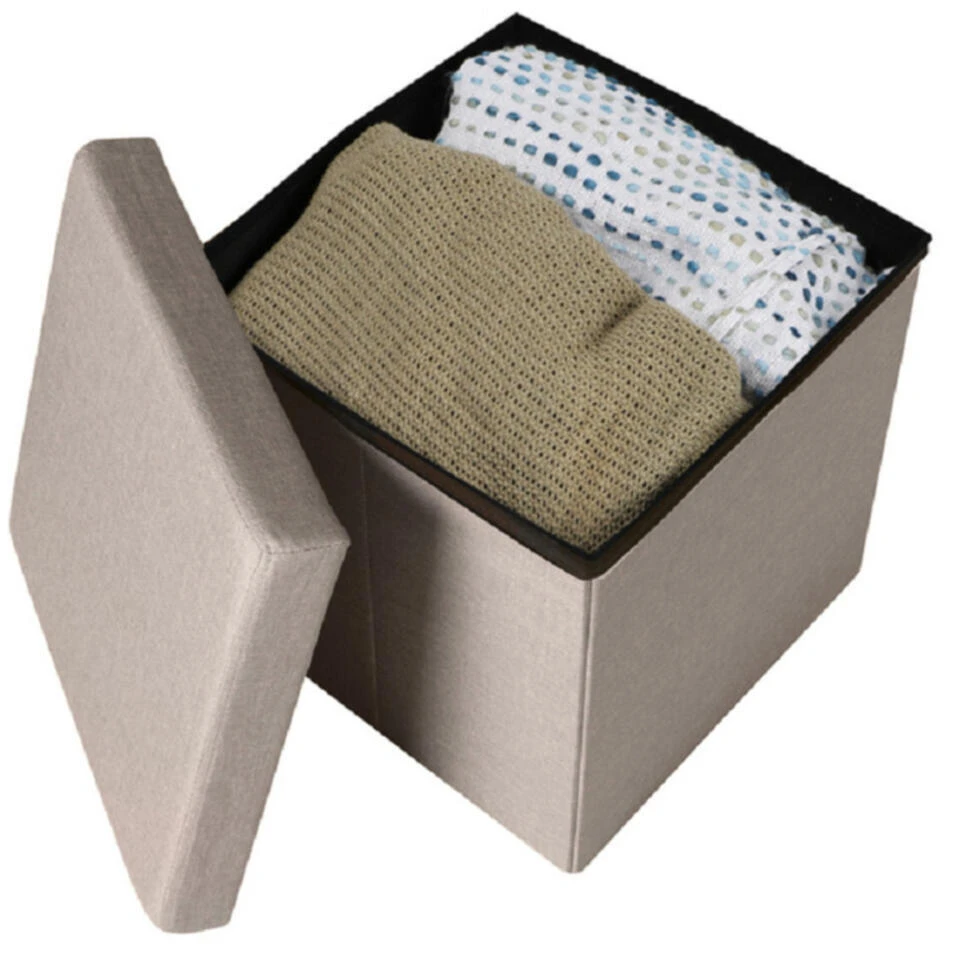 Merkloos Urban Living Poef/hocker/opbergbox - Beige - Mdf - 38 X 38 Cm - Afbeelding 2