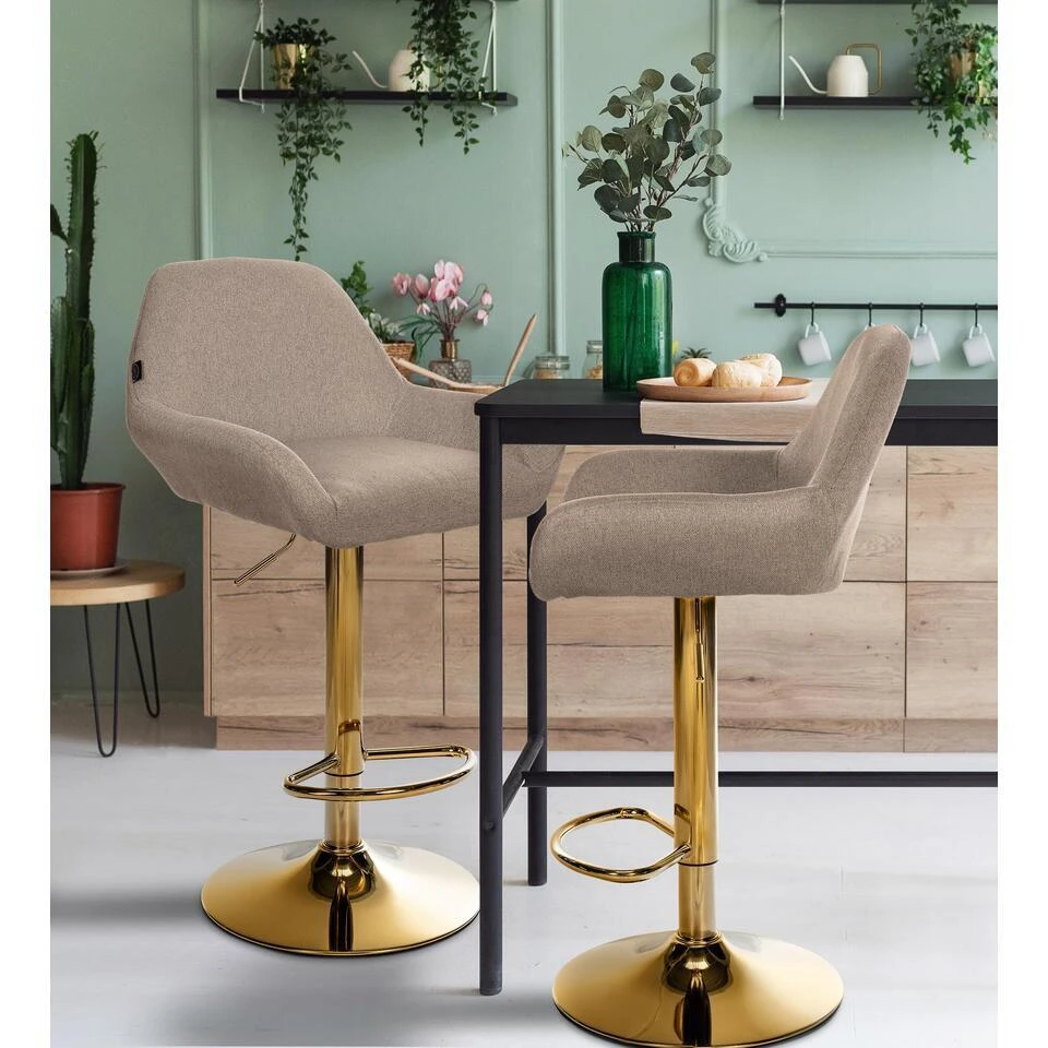 CLP Set Van 2 Barkruk Braga Goud Frame - Stof - Taupe - Afbeelding 3