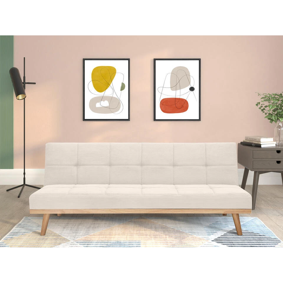 Vicky - 3-zits Slaapbank Met Houten Poten / Crèmekleurige Stof - Afbeelding 2