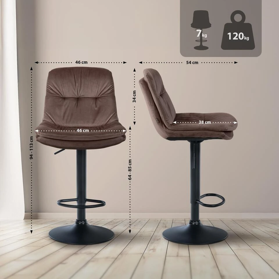 CLP Barkruk Laurel Zwart Frame - Fluweel - Bruin - Afbeelding 2