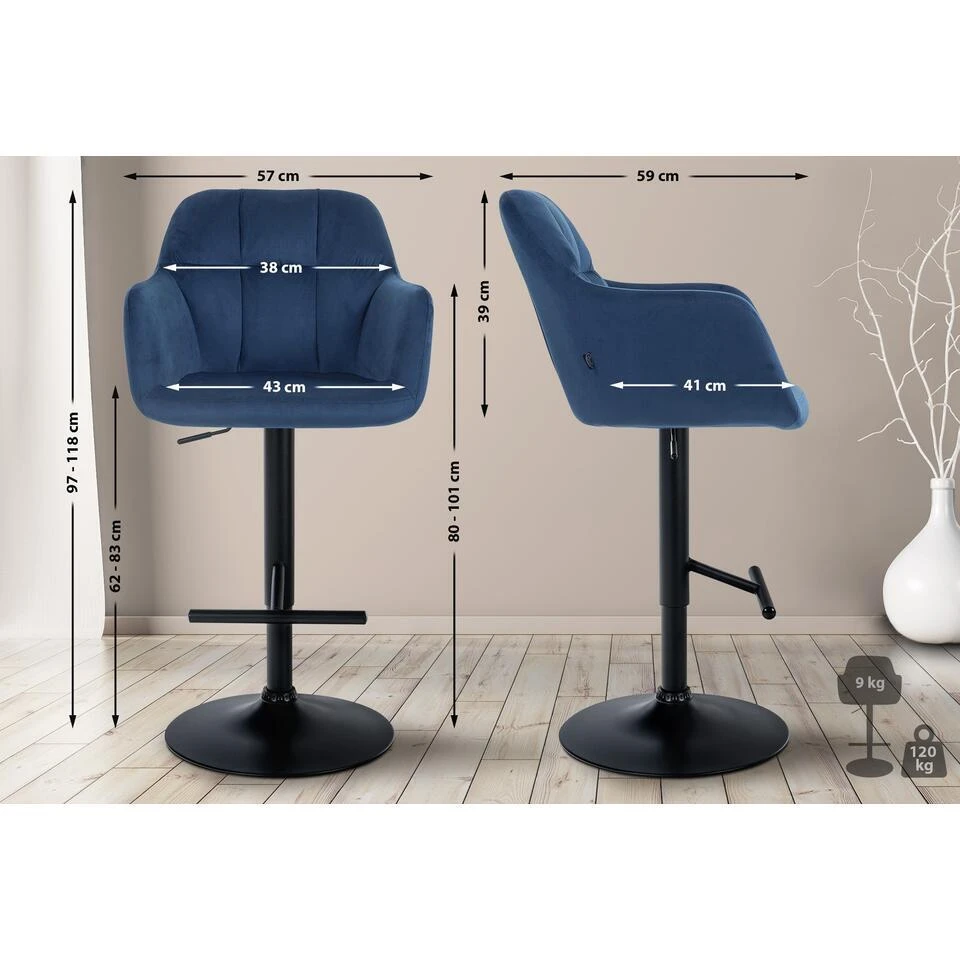 CLP Barkruk Natoma Zwart Frame - Fluweel - Blauw - Afbeelding 2