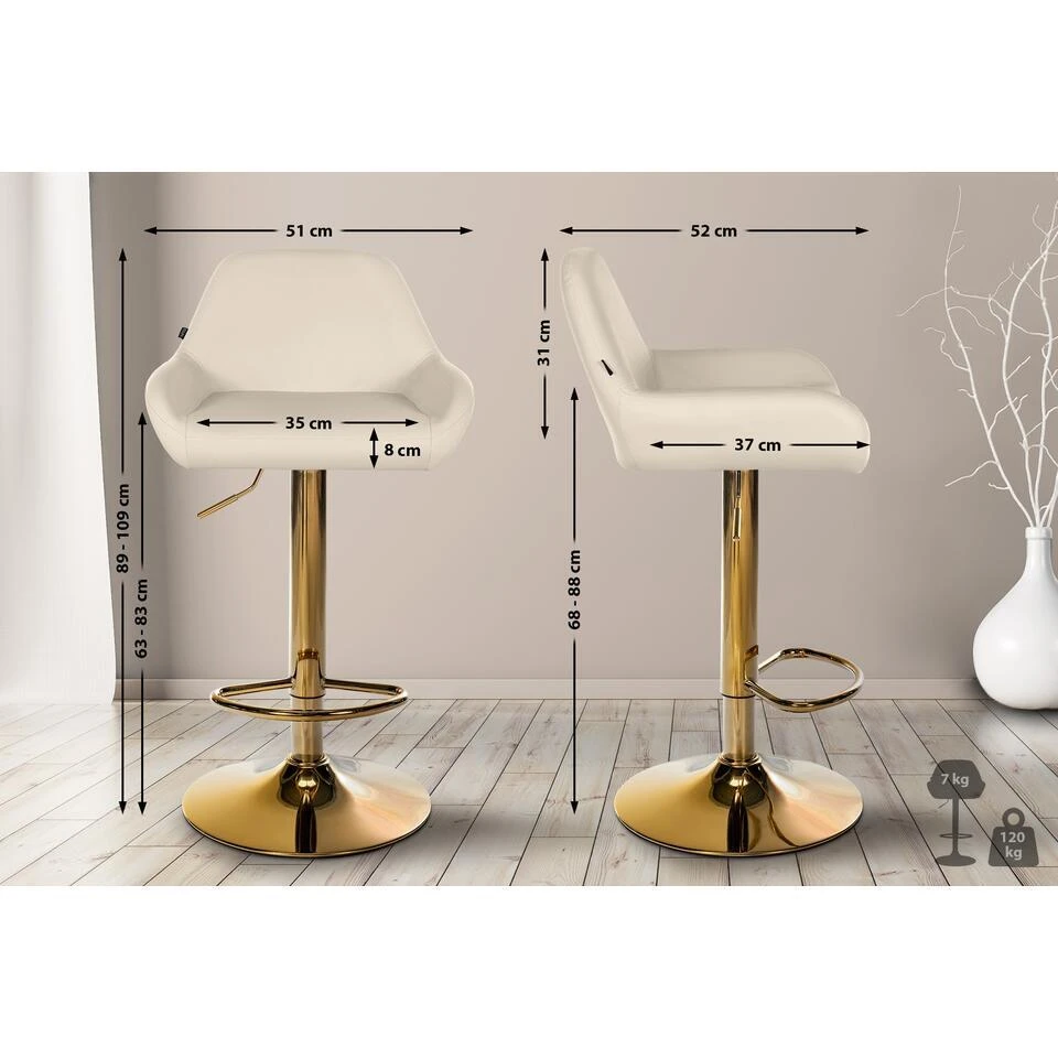 CLP Set Van 2 Barkruk Braga Goud Frame - Kunstleer - Creme - Afbeelding 2