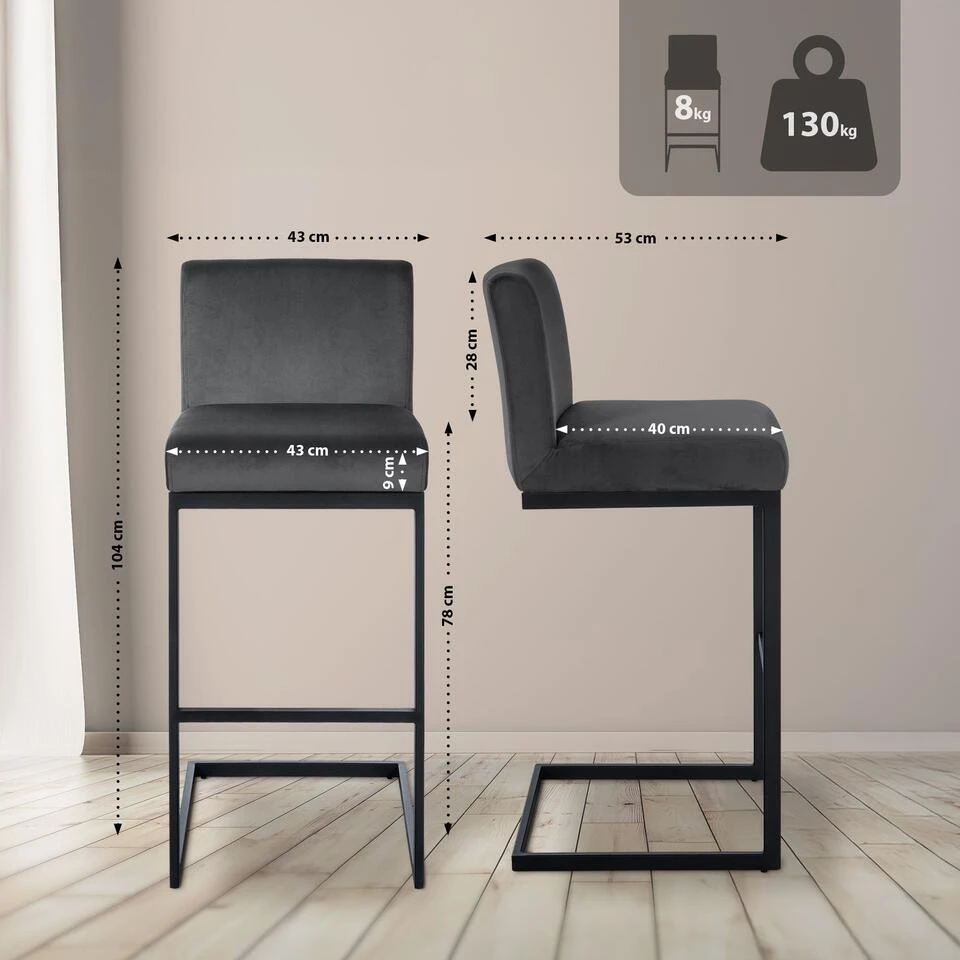 CLP Barkruk Hopewell Zwart Frame - Fluweel - Donkergrijs - Afbeelding 2